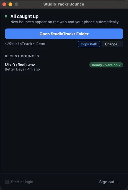 The StudioTrackr Bounce window on a Mac: all caught up, with the new bounce marked Ready.