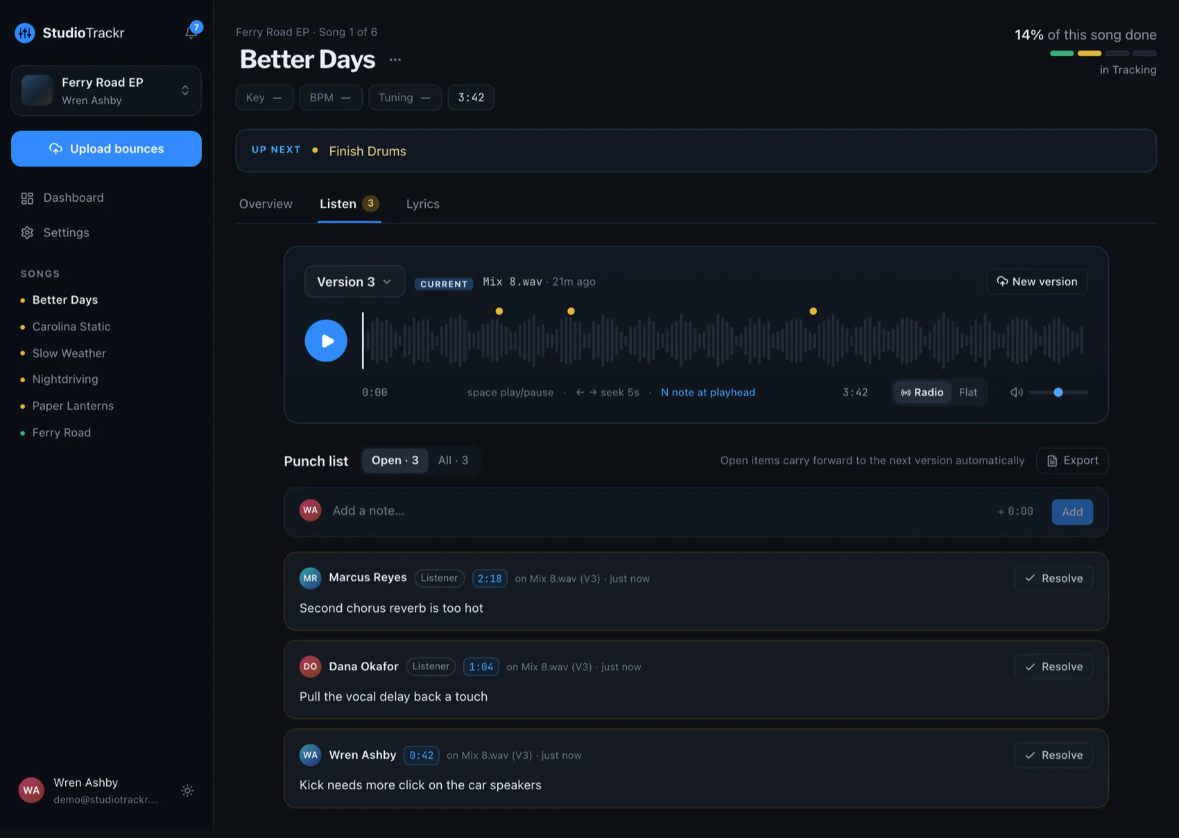 A song page in StudioTrackr: the Mix 8 waveform with three note markers, and a punch list of timestamped notes from three collaborators.